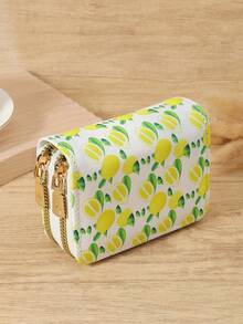 Fashionable Women's Simple Fruit Printed Card Bag, Large Capacity Multi Slot Card Holder, Double Zipper Clip, Suitable For Commuting And Going Out - White - View 6