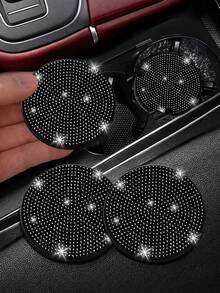 12pcs Shiny Rhinestone Women's Car Interior Decoration Set, Includes 15-Inch Universal Crystal Steering Wheel Cover, Seat Belt Pads, Cup Holder Coasters, Air Vent Decor, Diamond Decorative Rings, Available In Black And White - Style a - View 5