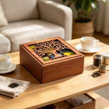 1pc Solid Wood Handmade Laser Hollow Tree Of Life Carved Square Divided Storage Box With Lid, Tea Storage Box, All-Season Kitchen Countertop Dining Table Home Storage Decor Box - Multicolor - View 5