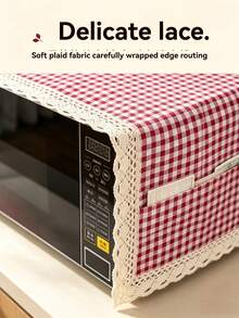 1pc 2-In-1 Microwave Dust Cover With 2 Side Pockets And Exquisite Lace Trim, Polyester Fabric Dust Cloth For Vanity, Coffee Table, Nightstand, Dining Table Cabinet And Home Decor - Red Plaid - View 2