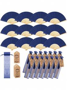 Handmade Paper Folding Fan With Gift Bag And Thank You Card, Bamboo Handheld Folding Fan, Home DIY Office Decor, Wedding Party Baby Shower Party Gift Accessory (Navy Blue) - Navy - View 1