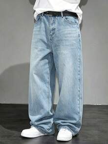 Tween Boy's American Street Style Black Distressed Wide Leg Jeans Loose Drape Cool Rugged Floor-Length Pants - Medium Wash - View 3