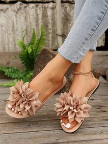 Summer Elegant Gentle Style Flat Slide Sandals, Open Toe Floral Slip-On Slippers For Dating, Daily Outings, Home Leisure, Beach And Entertainment - Brown - View 2