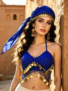 Exotic Style Coin Turban Head Wrap Mesh Coin Charm Chest Ornament For Nightclub Themed Event Dance Styling Decor Accessories Multiple Colors Available - Multicolor - View 1