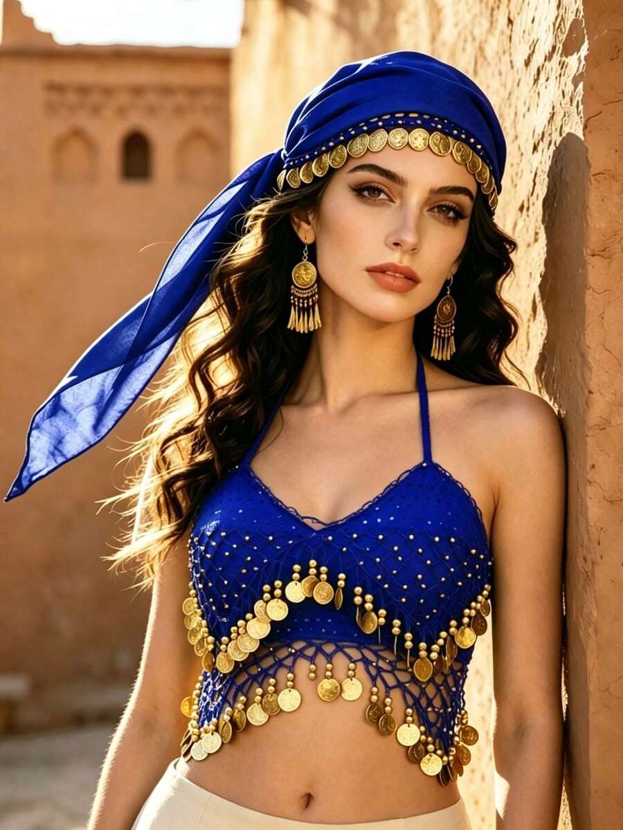 Exotic Style Coin Turban Head Wrap Mesh Coin Charm Chest Ornament For Nightclub Themed Event Dance Styling Decor Accessories Multiple Colors Available - Multicolor - View 1