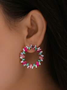 1 Pasang Anting Bunga Matahari Berlian Imitasi Persegi Berwarna-warni yang Berlebihan untuk Wanita, Perhiasan Liontin Telinga Berlian Imitasi Berwarna-warni dengan Desain Geometris Berongga Kreatif Bergaya Vintage - anting-anting - View 3