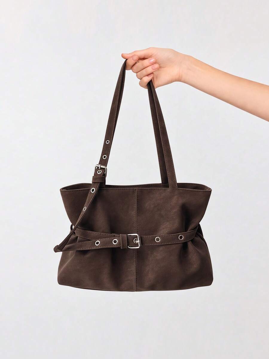 Women's Vintage Style Faux Leather Shoulder Bag, Motorcycle Design, Large Capacity Tote Bag, With Metal Buckle, Fashion Commuter Handbag - Multicolor - View 1