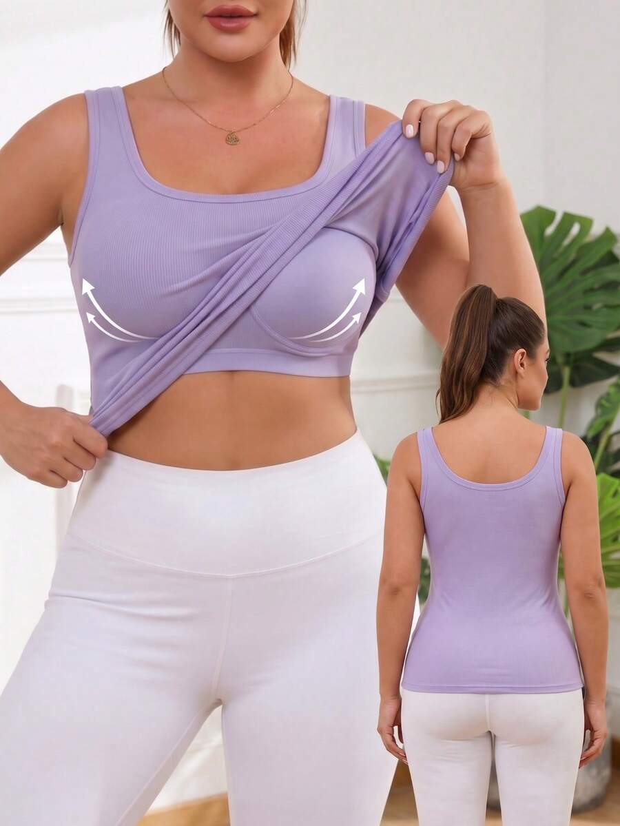 Plus Size Ribbed Built-In Bra Tank Top, Wireless Non-Removable Pads Scoop Neck Soft Cami, Yoga Fitness Workout Activewear Ropa Deportiva - Mauve Purple - View 1