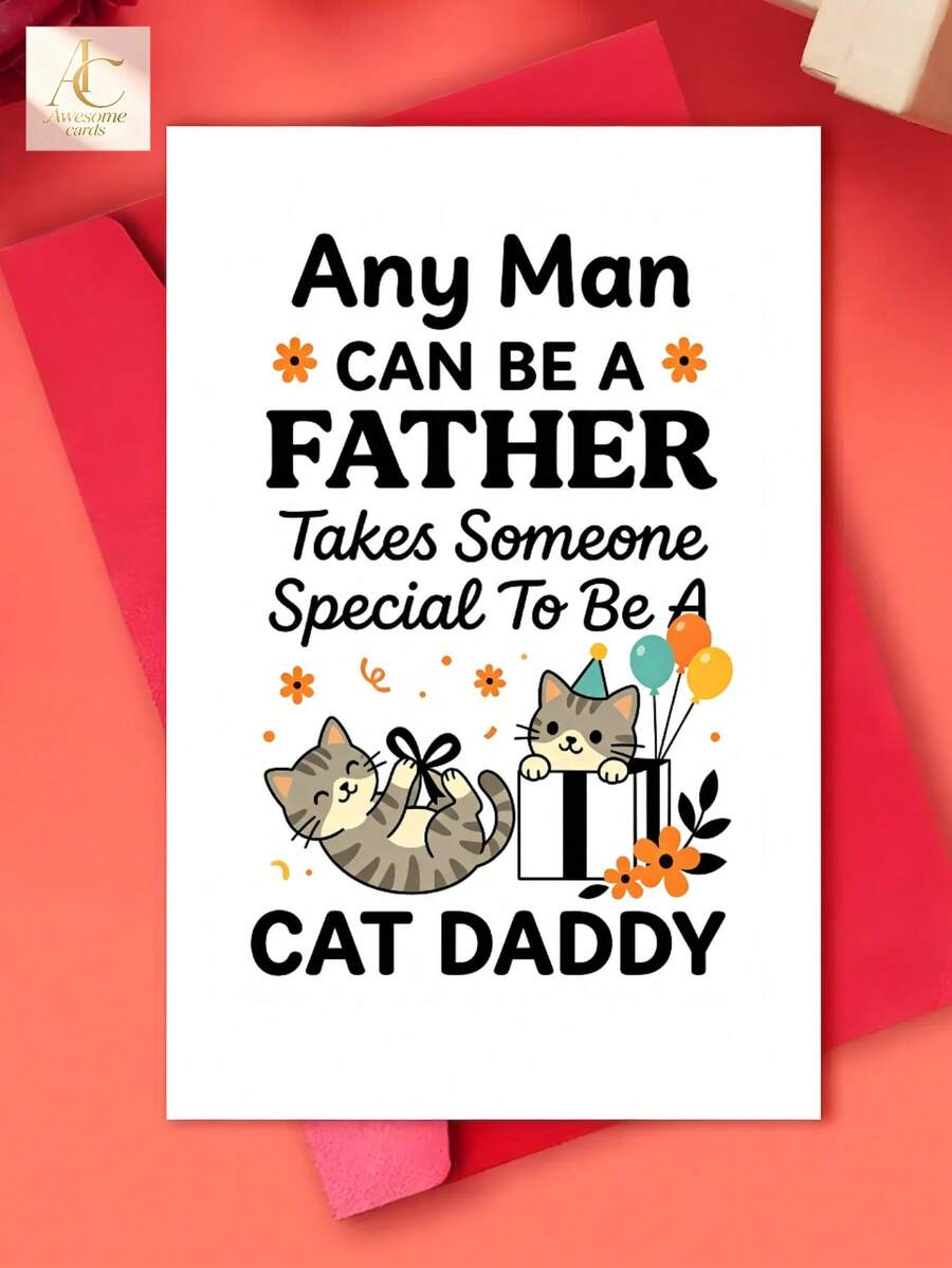 1pc Heartwarming Christmas Greeting Card For Cat Dad, Father, Husband – Cartoon Tabby Cat & Gift Box Cute Cartoon Design, Sweet And Appreciative Card Birthday Father'S Day - One Size Fits All - View 1