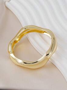 1PC Chunky Gold Stacking Bracelets & Large Oval Faux Pearl Statement Ring, Modern Irregular Curved Open Cuff Bangle Jewelry - Yellow Gold - View 6