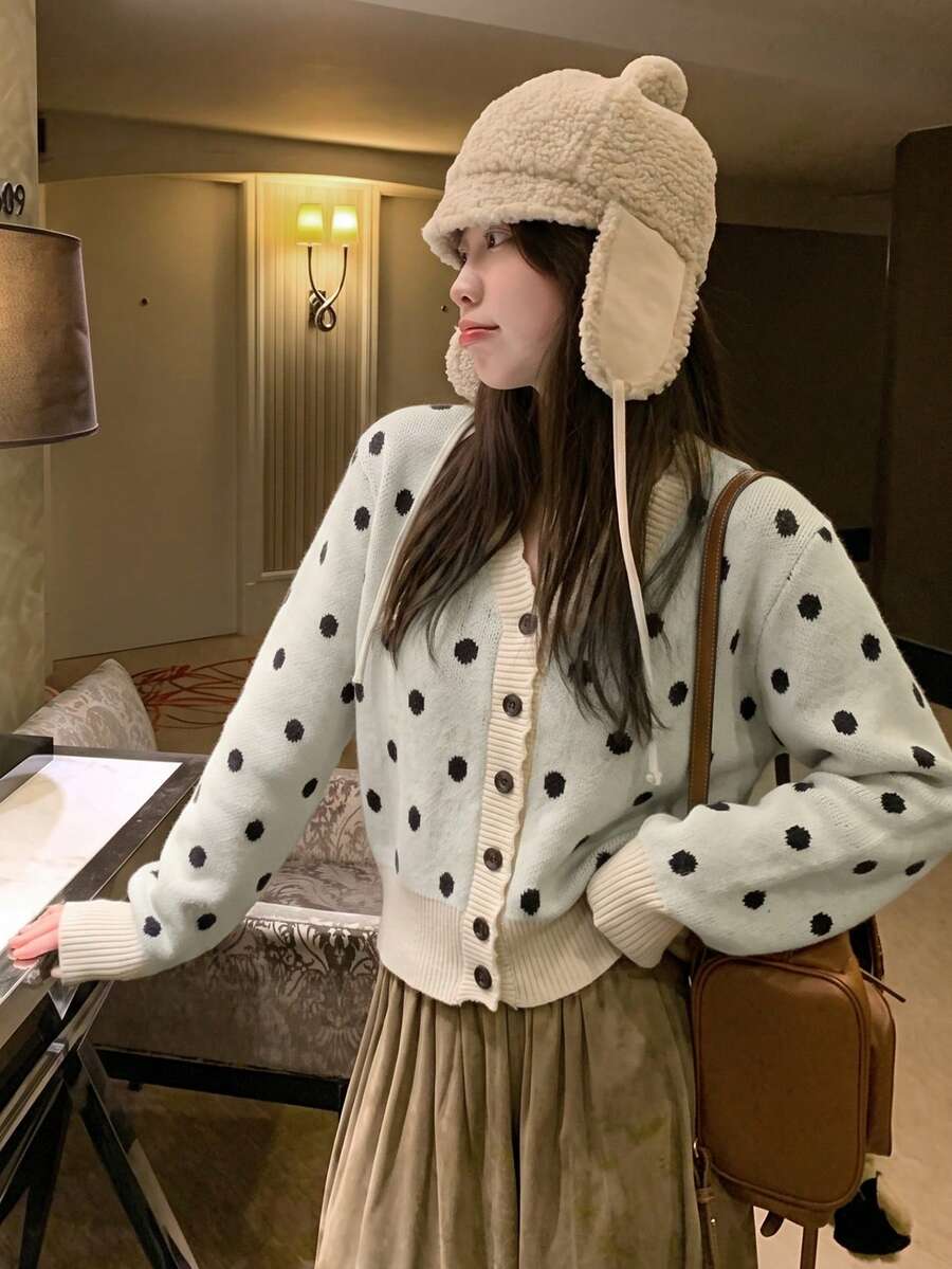 Polka Dot V-Neck Knit Cardigan Slimming Women's Short Sweater, Autumn - Apricot - View 1