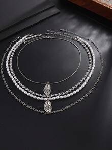 4pcs/Set Vintage Punk Creative Geometric Asymmetrical Metal Pendant Multi-Layer Necklace, Men's Fashion Beaded Necklace, Suitable For Daily Wear, Party Accessories - Multicolor - View 4