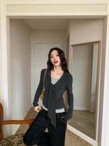 Women's 2 In 1 Patchwork Long Sleeve Base Layer Top, Slim Fit Flattering Inner Layer With Tie Detail And Contrast Color T-Shirt, Spring/Autumn - Dark Grey - View 5