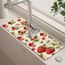 1pc Strawberry Pattern Faucet Mat Decor, Sink Faucet Absorbent Mat, Drainage Mat, Suitable For Kitchen, Bathroom Sink, Countertop, Drainage Mat, Diatomaceous Earth Material, Trimmable, Quick Drying Mat - Multicolor - View 3