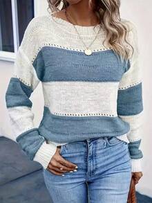 Plus Size Women's Knit Pullover Sweater, Striped Colorblock Drop Shoulder Long Sleeve, Round Neck, Ribbed Detail, Essential Autumn/Winter Knit Top - Blue - View 4