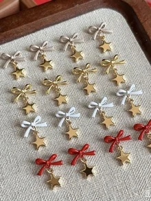 4/8pcs Christmas Atmosphere Nail Charms, Exquisite Hanging Nail Art Accessories, Bow And Star Pendant Design, Available In Red, White, Light Brown, Gold, Small And 3D With Dynamic Feel, Suitable For Christmas Theme Nail Art - Multicolor - View 6