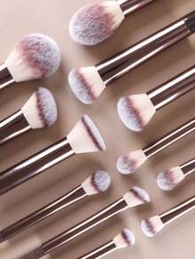 15pcs Makeup Brush Set, Including Powder Brush, Blush Brush, Highlighter Brush, Eyeshadow Brush, Eyelash Brush, Eyeliner Brush, Angled Round Head Design - Coffee Brown - View 2