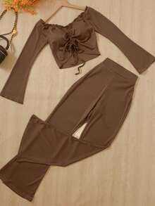 Women's Ribbed Open Shoulder Cropped Top And Flare Pants 2 Pieces Set - Casual Elegant Autumn Lightweight Stretch Outfit - Coffee Brown - View 3