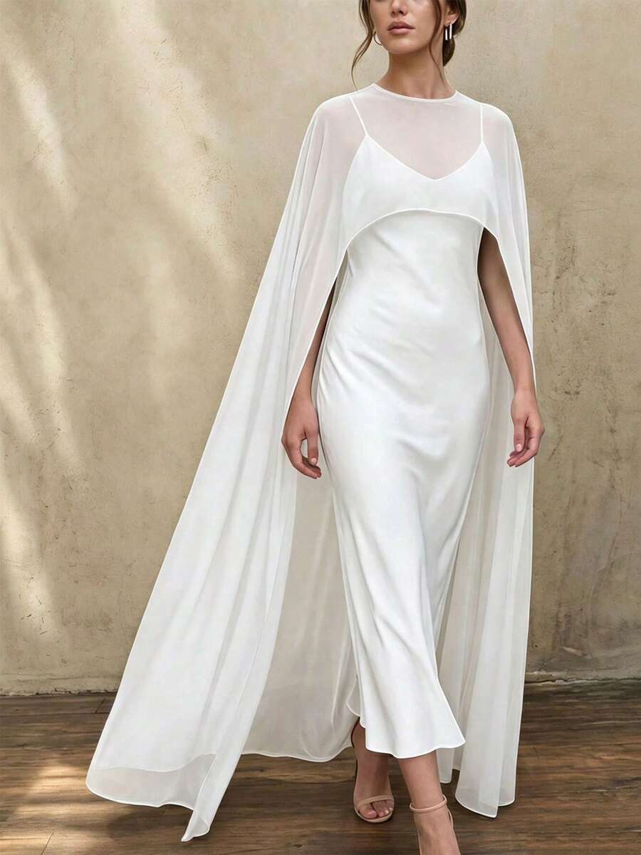 1pc Detachable Chiffon Minimalist Mid-Length Bridal Cape Shawl, Bridal Accessory For Photoshoot - Multicolor - View 1