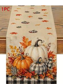 Thanksgiving Kitchen Decor Table Runner, Throw Pillow, Placemats, Autumn Black & White Plaid Pumpkin Maple Leaf Berry Pattern Table Runner, Farmhouse Rustic Vintage Style Dining Table Kitchen Decoration - Multicolor - View 13