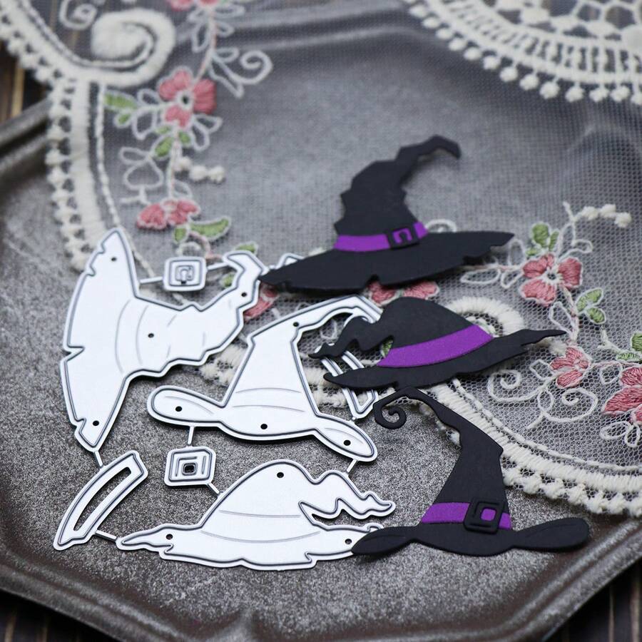 Witch Hat Metal Cutting Dies Set, Wizard Hat Die Cuts For DIY Scrapbooking Card Making, Halloween Theme Embossing Stencil For Paper Craft Decoration - C-Silver - View 1