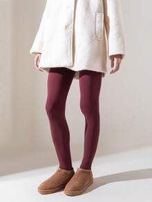 1pc Women's Wool Lined Thickened Warm Velvet Leggings, Tummy Control Soft Elastic 9/10 Length Tights For Winter - Burgundy - View 4