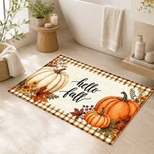 1件 Hello Fall 秋季仿羊絨地毯，白色與橘色南瓜格紋秋葉印花地毯，鄉村農舍風格豐收家居裝飾，適用於玄關、廚房、客廳、臥室 - 彩色 - 查看 4