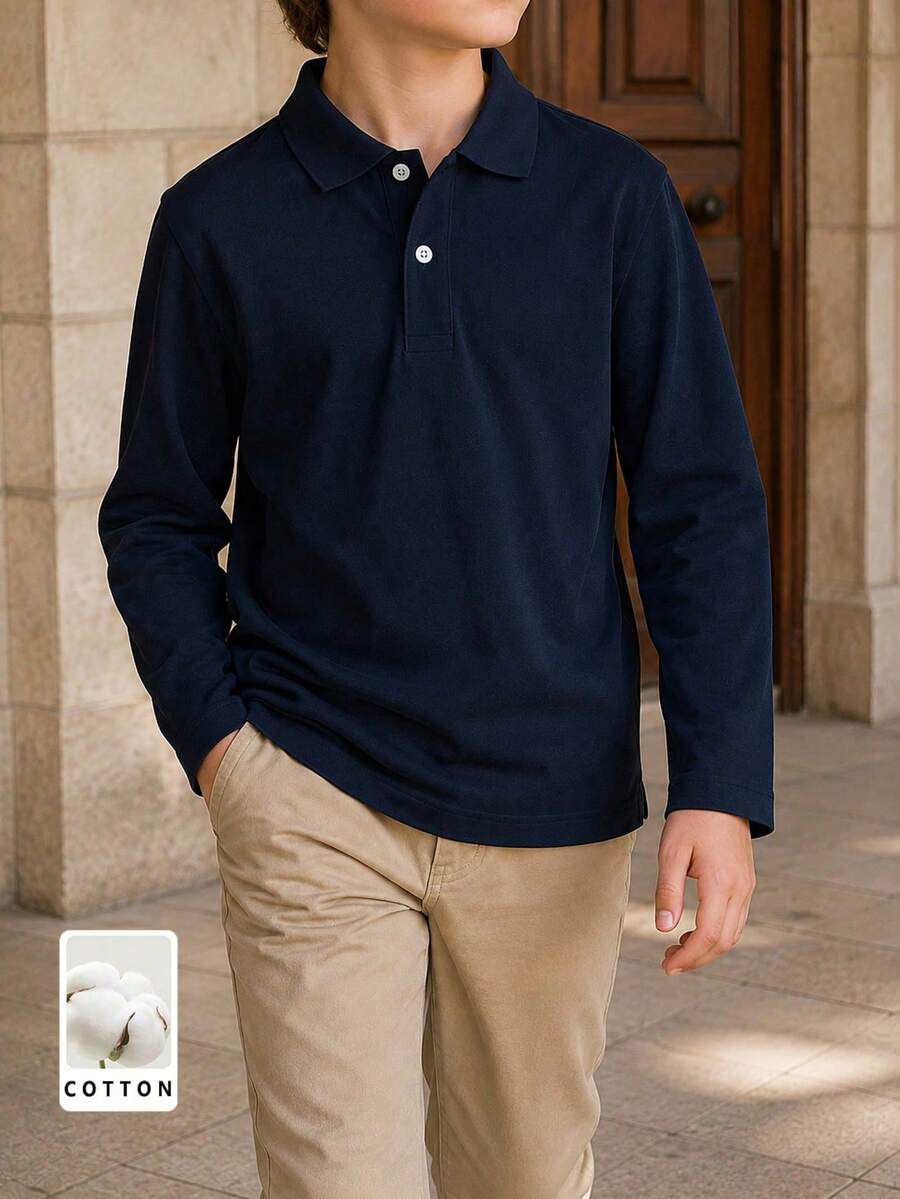 Unisex Kids Pure Cotton Classic Minimalist Navy Blue Long Sleeve Polo Shirt, Suitable For Daily Casual Wear, Vacation, And Matching With Various Outerwear - Navy Blue - View 1