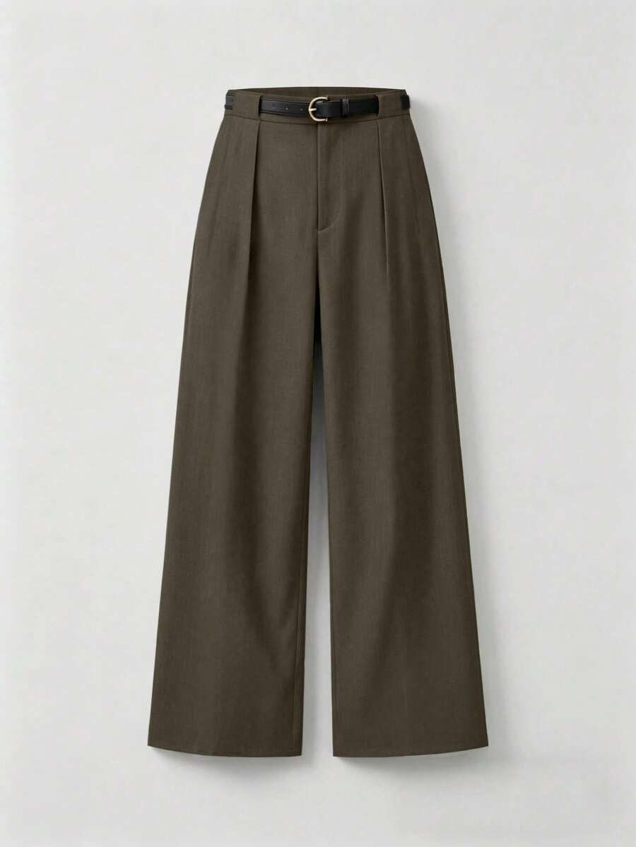 Pantalones rectos de cintura media de unicolor elegantes con cinturón para primavera - Granate - Ver 1