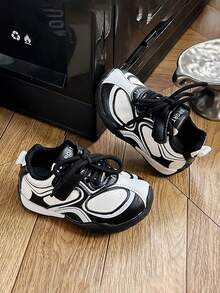 Kids' Black & White Colorblock Retro Chunky Sneakers, Mesh Patchwork Hook & Loop Lace-Up Casual Sneakers For Boys & Girls - Black - View 6