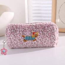 Plush Leopard Print Pencil Case, Cute Dachshund Embroidery Large Capacity Pencil Pouch With Flower Charm, Portable Cosmetic Storage Bag, Suitable For Office And School Supplies - Single Piece - View 5