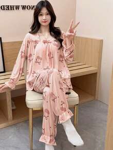 2pcs/Set Women's Autumn/Winter Pajama Set, French Country Princess Style, Comfortable Breathable Loose Long Sleeve Long Pants Ditsy Floral Loungewear - Pink - View 5