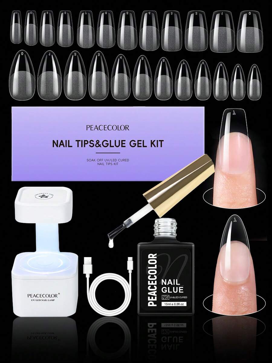 peacecolor 240Pcs Full Cover Gel Nail Tips Kit, 15ml UV Nail Glue Gel With Mini UV LED Nail Lamp, DIY Press-On Nails Manicure Set