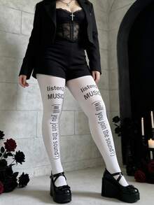 1 Pair Women's Plus Size Velvet Printed Tights, Gothic Style, Fashionable And Suitable For Lolita Outfit And Casual Wear - White - View 5