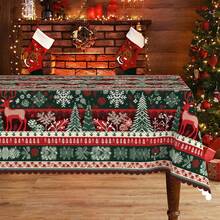 1pc Geometric Pattern Striped Snowflake Pine Tree Deer Christmas Tablecloth, Suitable For Kitchen, Dining Table, Outdoor Party Decoration - A - View 1