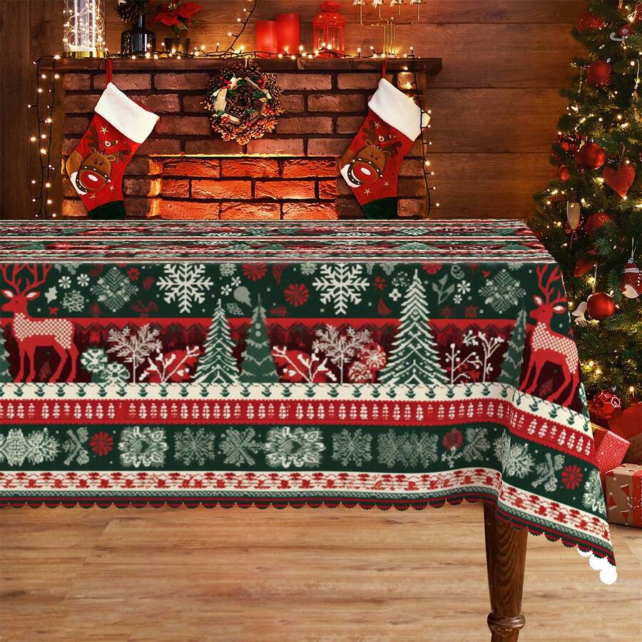 1pc Geometric Pattern Striped Snowflake Pine Tree Deer Christmas Tablecloth, Suitable For Kitchen, Dining Table, Outdoor Party Decoration - A - View 1