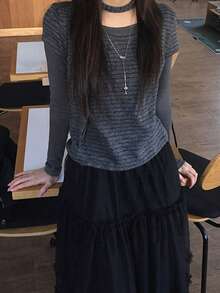 Women's Patchwork Striped 2 In 1 Long Sleeve Turtleneck Knit Base Layer Top, Korean Vintage Style - Grey - View 4