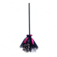 Halloween Witch Broom Decoration, Black & Purple Spider Web Ribbon Broom, Scary Halloween Party Prop, Home Decor - Multicolor - View 7