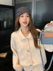 Women's Autumn/Winter New Lace Collar Patchwork Knit Cardigan Top - Apricot - View 9