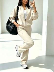 2pcs Casual Solid Color Sweatshirt Jacket Top And Straight Leg Pants Set, Soft Fleece Fabric, Suitable For Spring, Autumn And Winter Elegant - Apricot - View 2