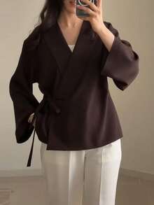 Women's Plus Size Casual Minimalist Long Sleeve Cross Neck Tie Front Cardigan Top, Solid Color, Daily Wear, Autumn/Winter - Brown - View 5