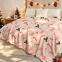 1pc Sweet Pink Christmas Bow Candy Cane Digital Print Flannel Blanket - Modern Style, Soft Polyester Knitted Fabric Comfortable For All Seasons, Multi-Purpose, Suitable For Sofa, Bed, Travel, Camping, Chair, Gift Blanket - Baby Pink - View 2