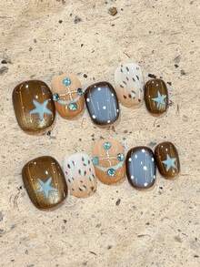 10pcs Pure Handmade Press On Nails Short Squoval, Brown Cat Eye With Blue Leopard Print, Star Charms, Rhinestone Chain & White Dots, Handmade Fake Nails For Women And Girls, Fall Autumn, Y2K, Date Night - Blue-brown - View 2