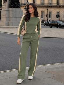 Women's Casual 2 Pieces Sportswear Set, Round Neck Long Sleeve Top With Wide Leg Pants, Spring Autumn Winter Daily Wear, Youthful Style - Green - View 4