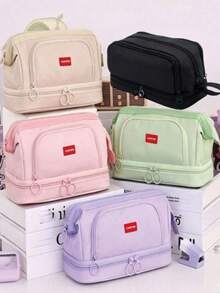 Large Capacity Multi-Layer Pencil Case, Portable Canvas Stationery Bag With Multiple Zipper Compartments And Side Handle, Travel Toiletry Bag, Multi-Function Desktop Organizer, Solid Color Minimalist Casual Makeup Storage Bag, Suitable For School, Office And Daily Use - Multicolor - View 1