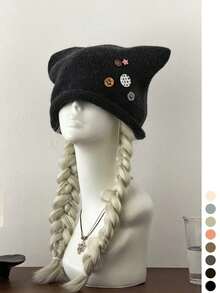 Wool-Blend 2-In-1 Soft Cute Cat-Ear Button Slouchy Beanie Hat For Women Fall Winter Warm Cold Hat - Rolled Edge Button Pin Stackable - View 17