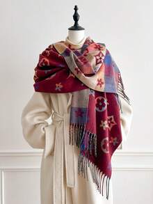 1pc Geometric Floral Print Tasseled Thick Scarf 65*200cm, Polyester Faux Cashmere, Fall Winter Shawl For Travel Party Outing, Wear As Scarf Shawl - Multicolor - View 3