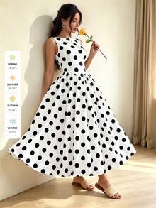 QIANZHIDU SUNSTORY Women's Autumn White With Black Polka Dot U-Shaped Backless Spaghetti Strap Cinched Waist Full Skirt Dress, Suitable For Wedding, Party, Outing, Country Music Concert - 黑與白 - 查看 9