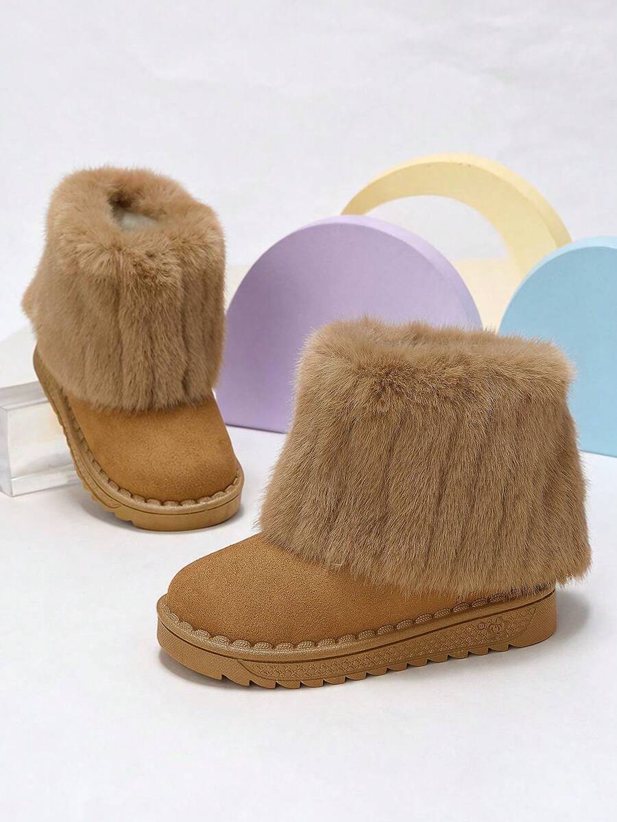 1 Pair Girls' Camel Color Plush Fold-Over Ankle Boots, Suitable For Winter School And Daily Outings - Camel - View 1