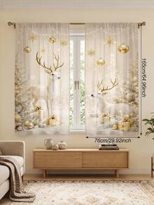 2Pcs Christmas Holiday Curtains, Champagne Gold Deer & Snow Landscape Print Pattern Curtains, Warm Atmosphere Semi-Sheer Rod Pocket Window Decor, Suitable For Living Room And Bedroom, Rod Not Included, Machine Washable - Multicolor - View 13